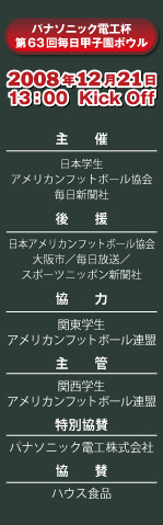 第62回毎日甲子園ボウル　甲子園ボウルTV放送予定　アメリカンフットボール東西大学王座決定戦　関西学院大学vs日本大学                